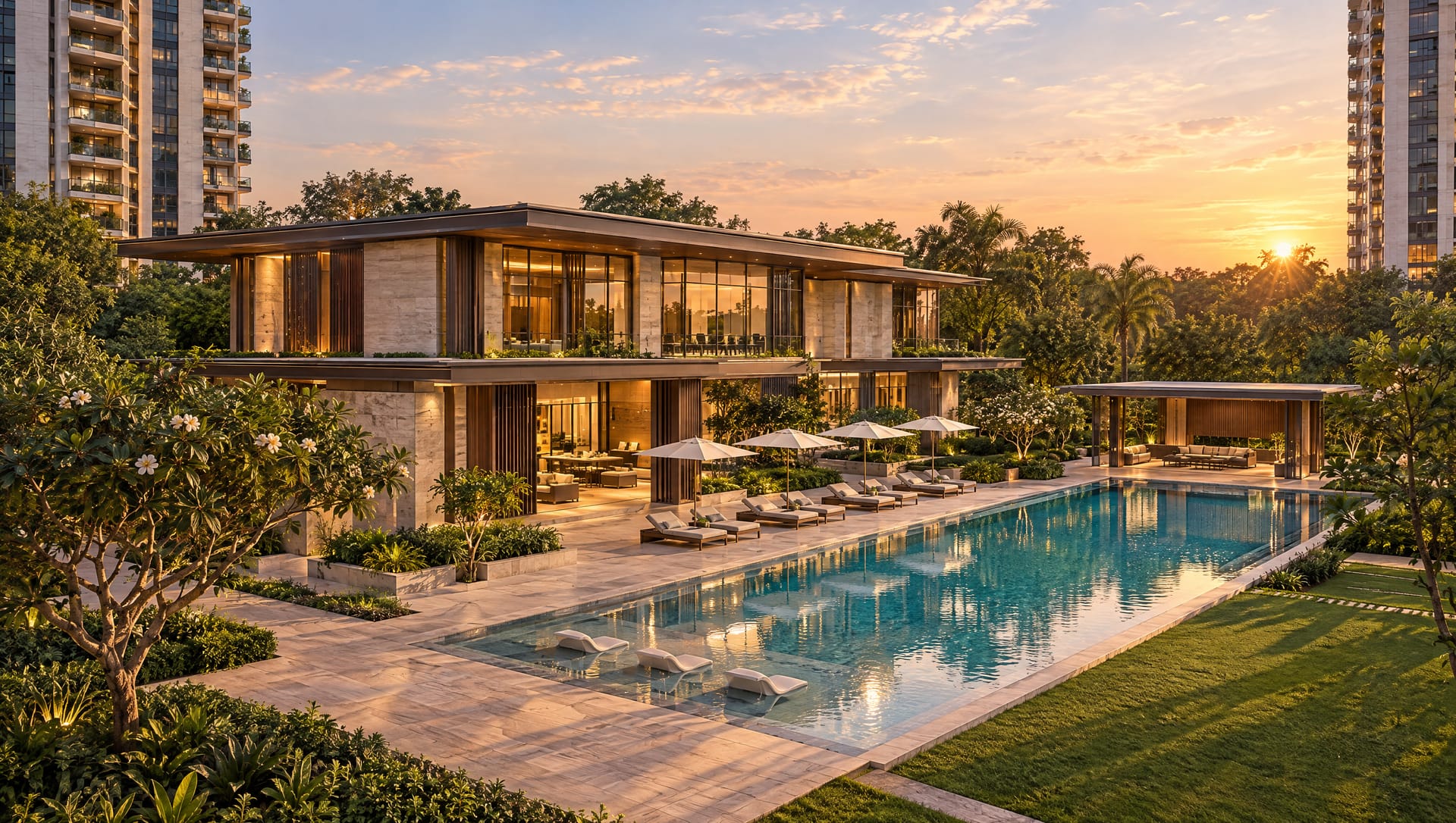 Visualisation of a two-storey clubhouse pavilion beside a long swimming pool with loungers, in late-afternoon light.