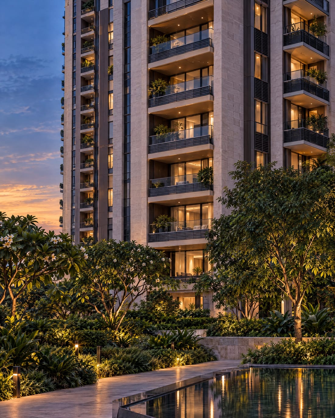 Illustrative visualisation of a residential tower's limestone facade and deep balconies above a landscaped garden.