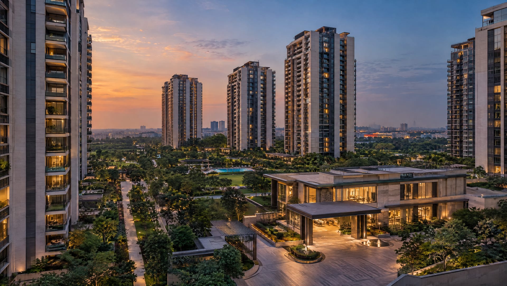 Illustrative visualisation of residential towers set around landscaped gardens and a clubhouse at dusk.