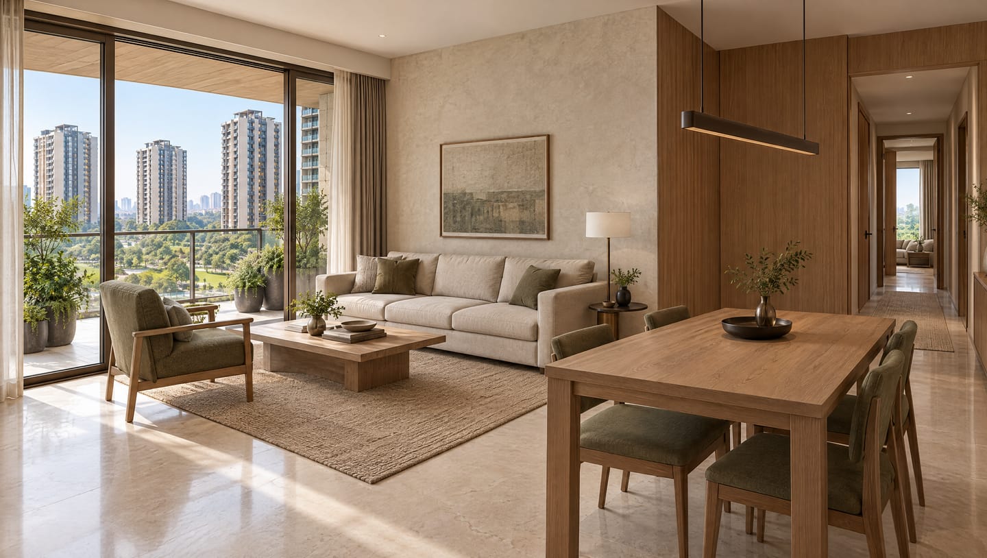 Interior visualisation of a living and dining room with a balcony and a corridor to the bedrooms in daylight.