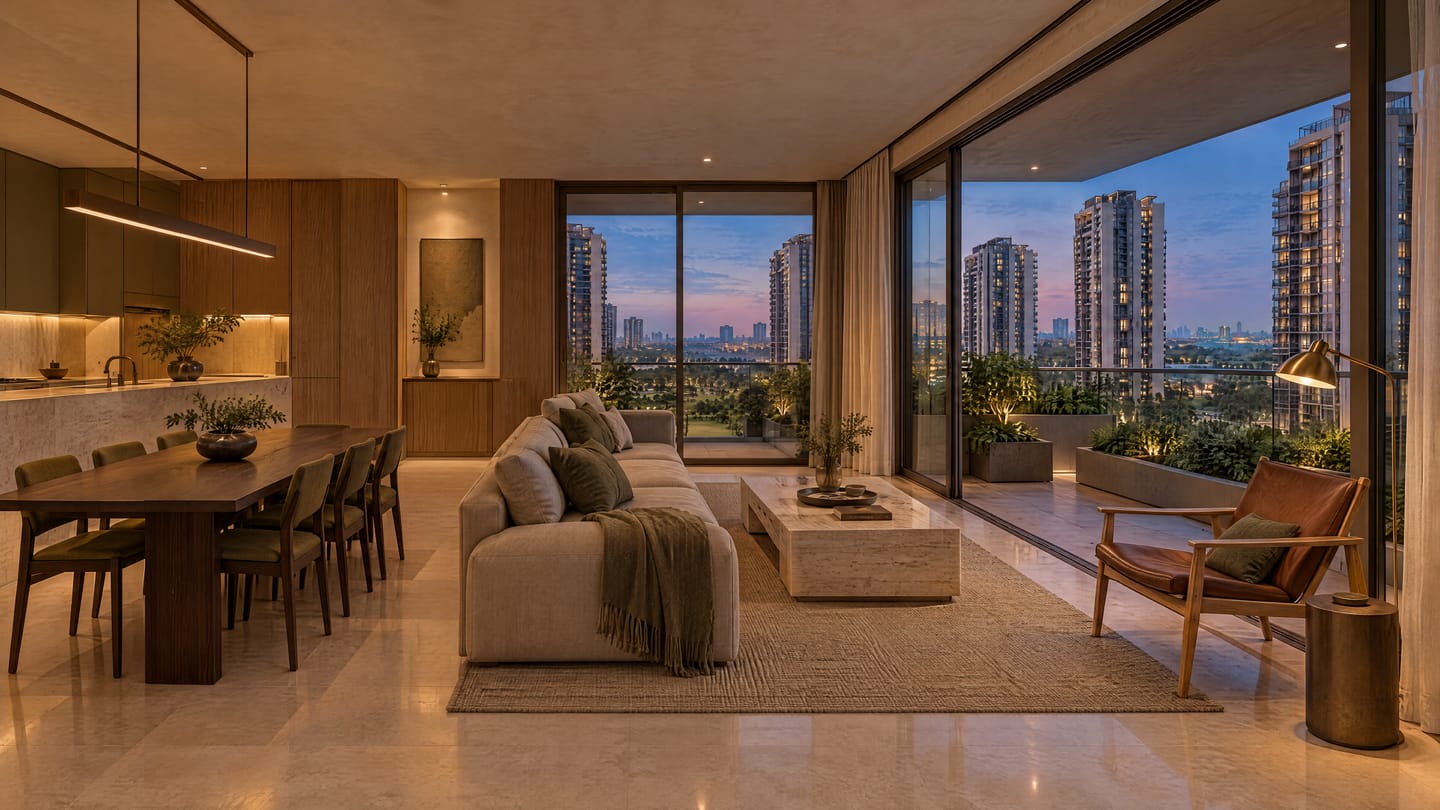 Interior visualisation of a living and dining room opening onto a balcony at dusk.